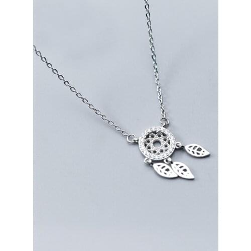 MloveAcc 925 Sterling Silver Dreamcatcher Feather Charm Necklace Pendant Women Dream Catcher Pendant Statement Choker Necklace