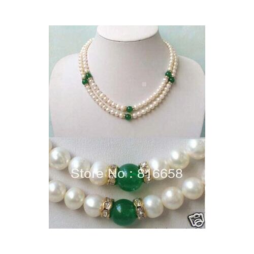 Women Gift word Love 7-8MM 2Rows Green stone &white Akoya Pearl Necklace good women gift -jewelry