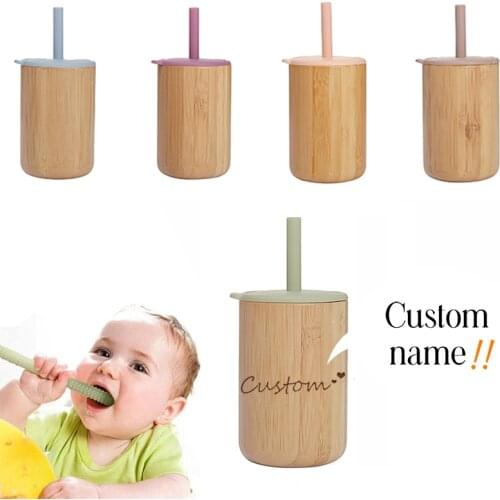 1Pc Custom Name Baby Bamboo Wooden Water Cup Food Grade Silicone Sippy DIY Feeding Cup Baby Learning Cups Kids Birthday Gifts