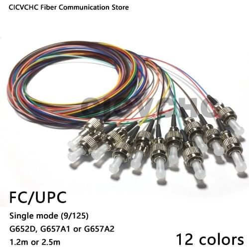 12 Colors FC/UPC-SM(9/125)-G652D, G657A1, G657A2-0.9mm Cable-1.2m or 2.5m / OS2 Optical Fiber Pigtail