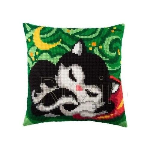 3D Latch Hook Pillow Animal Green Cat DIY Cross-Stitch Kit Cartoon Girl Embroidery Pattern Button Package Pillow