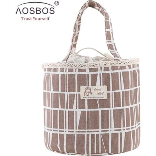 Aosbos Women Thermal Printing Lunch Bags Fashion Picnic Lunch Box Cooler Bag Portable Cylindrical Food Snack Storage Organizer