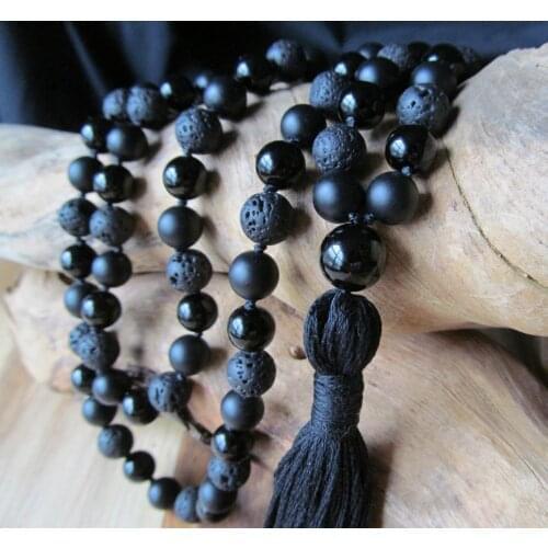 Black Onyx and Lava Mala Beads, 108 Bead Mala, Tassel Necklace, Yoga Jewelry