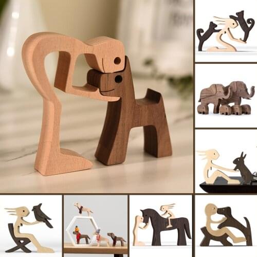 Family Puppy Wood Dog Craft Figurine Desktop Table Ornament Carving Model Creative Home Office Decoration Love Pet Sculpture
