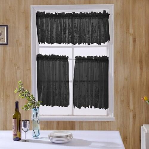 B0KB Elegant Kitchen Coffee Lace Hem Short Curtain Flower Print Mesh Modern Jacquard Window Curtain for Kitchen Cabinet Door