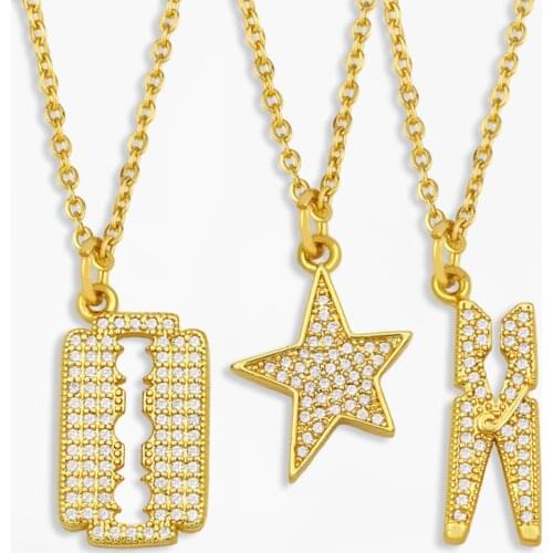 FLOLA Gold Vermeil Crystal Blade Necklace For Women Micro Pave Small Star Pendant Necklace Collar CZ Zirconia Jewelry nket48