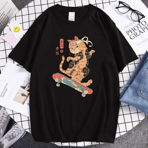 Catana Play Skateboard Ukiyoe Print Tshirts Oversized Soft Tee Shirts Fashion Breathable Male T-Shirts Summer Loose Tshirt Mans