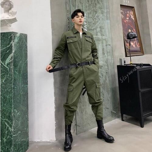 M-2xl 2021 Spring New Personality Patch Printing Mens Loose Jumpsuit Tide Male Youth Tooling Siamese Pants Hairstylist Overalls