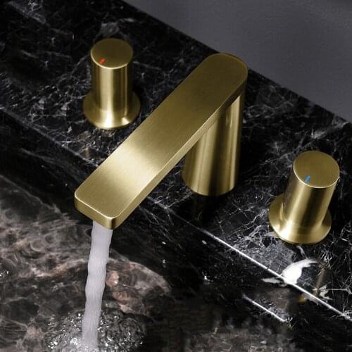 Fashion Brushed gold brass bathroom sink faucet three holes two handle Cold hot water mixer basin faucet