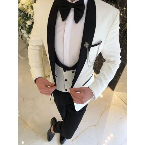 One Button Men Suits White and Black Groom Tuxedos Shawl Lapel Groomsmen Wedding Bridegroom ( Jacket+Pants+Vest+Tie ) D172