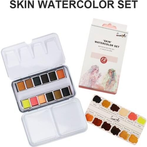 Watercolors Paint Set of 12 Assorted Skin Watercolor Pans in Portable Tin Box for Artists Art Watercolor Painting