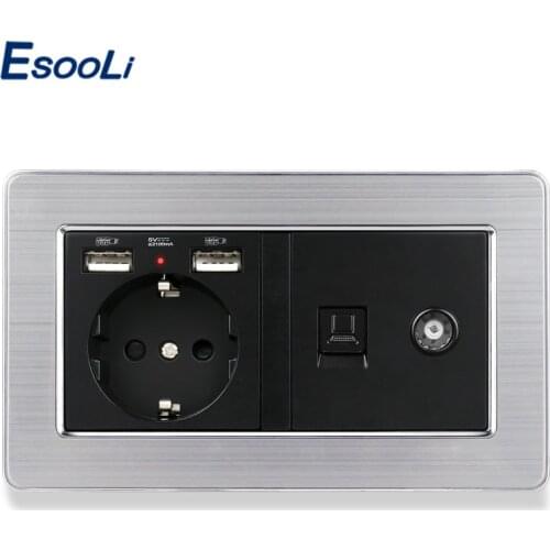 Esooli Black Stainless Steel Panel EU Standard Wall Socket with 2 USB Charge Port + Female TV Connector and RJ45 Internet Jack