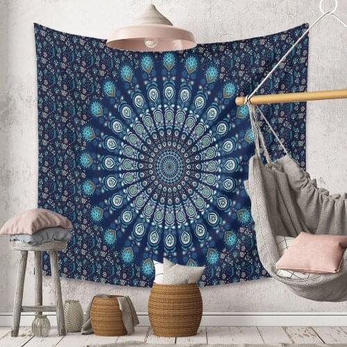 Peacock Blue Mandala Tapestry Wall Hanging Room Boho Decor Wall Cloth Tapestries Polyester Bohemian Wall Carpet Tapestry Blanket