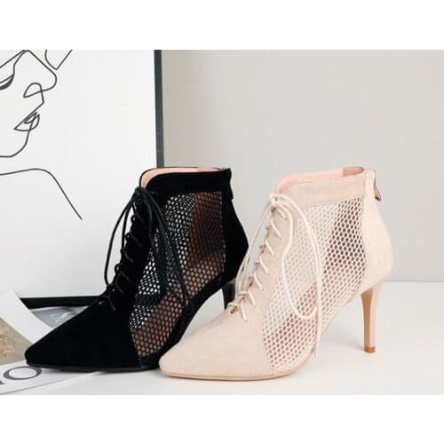 Sexy Stiletto Thin High Heels Mesh Net Spring Summer Boots Women Big Plus Size 46 Black Nude Point Toe Booties Faux Suede Shoes