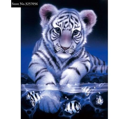 Full Diamond Painting Cross Stitch 5D Diy Diamond Embroidery Kits Mosaic White Tiger and Fish Picture Stickers Home Decor Gift