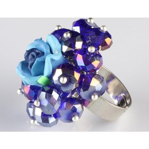 Blue Crystal Glass Adjustable Ring With Clay Flower Finger Ring Women Jewelry Fashion