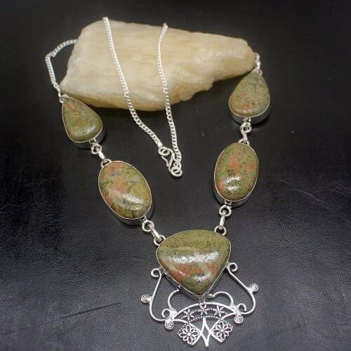 Fabulous Unique Antique GreenUnakite Silver Color Women Pendant Necklace Chain 19.5 Inch HD268