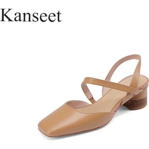 Kanseet 2021 New Womens Sandals Summer Genuine Leather High Quality Handmade Square Toe Hot Sale Back Strap Mid Heels Shoes