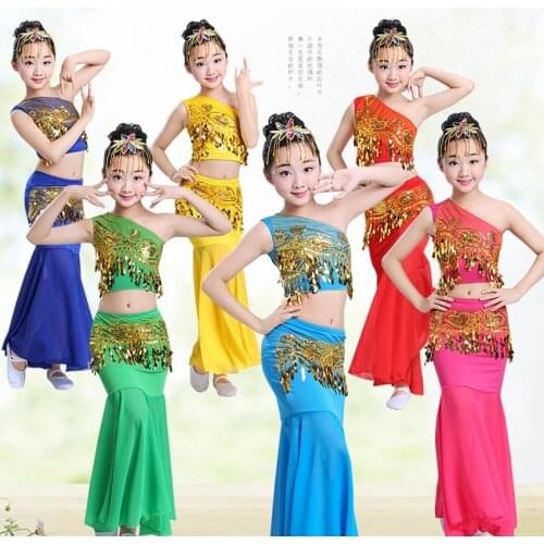 100-160CM Belly Dance Childrens Day Women Shoulder Off Girl Cosplay Stage Sequin Oriental Costumes for Kids Skirts Tail Fish