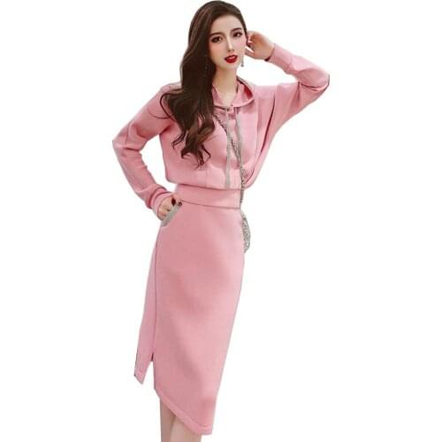 Women Pink Two-Piece Suit 2021New Lady Spring Autumn Sweet Two-Piece Set Female Sweatshirt+Skirt Two-Piece Suit Plus Size B696