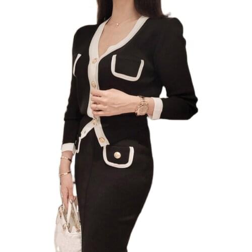 2021 Autumn Korean Knitted Color-blocked Two Piece Sets Women Long Sleeve Cardigan + Elastic Waist Skirt Suits Outfits