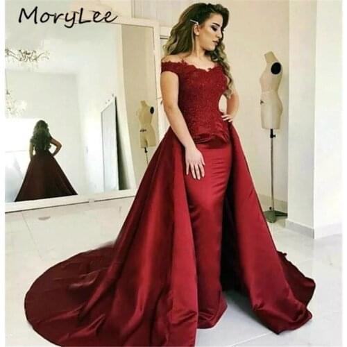2020 Burgundy Evening Dresses With Luxury Train V-Neck Off The Shoulder Mermaid Satin Lace Applique Crystal Beaded Evening Dress