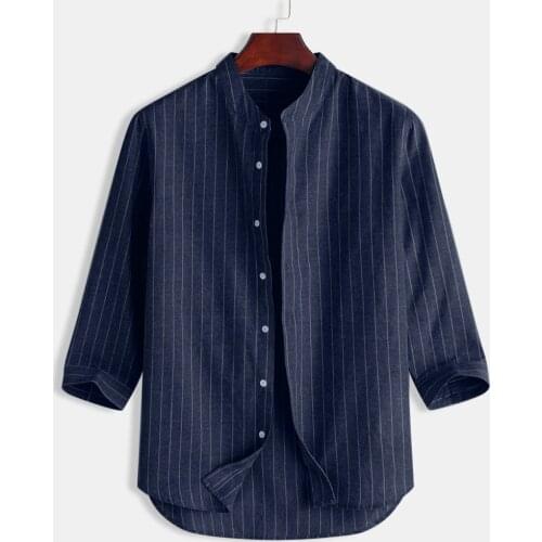 2020 Summer Men Cotton linen shirts mens casual striped stand collar 7 points sleeve button cotton shirt Top Camisa de lino