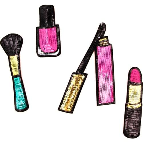 4 Pieces Fashion Lipstick Makeup Embroidered Sequin Iron on Appliques Patches for Clothing jackets Jeans Backpacks