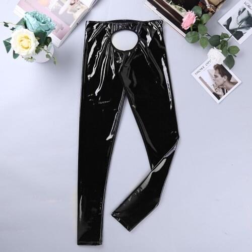 Men Wet Look Open Butt Open Penis Pants Gay Sissy Erotic Sexy Trousers Underwear Shiny PU Leather Tight Pants Legging Lingerie