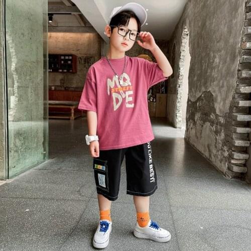 Kids Summer Boys letters printed cotton suit 2pcs new short-sleeved T-shirt shorts new big virgin shirt 4-12 years old