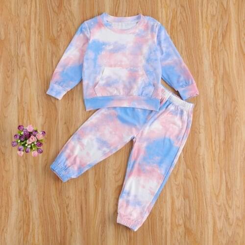 Tie-dye Children Wear Set, Toddler Girls Long Sleeve T-shirt with Large Pocket+ Elastic Waist Trousers for Spring Fall ropa bebe