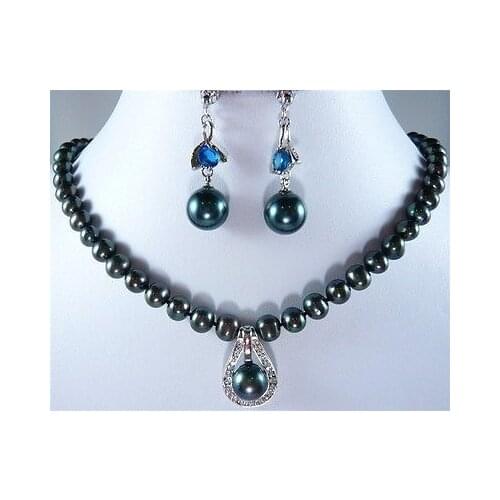 Nobility Lucky womens natural Fashion 8mm Black Shell Pearl Necklace + 12mm Inlay Pendant Earrings Set hookCZ Luxury Ms. girl