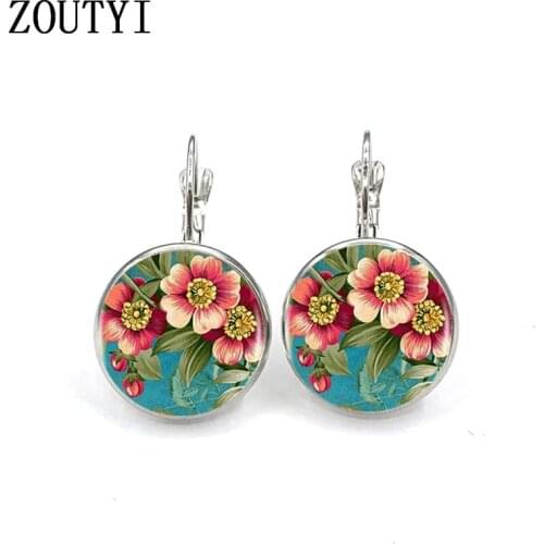 New/glamour classic poppy photo pattern, convex glass inlay earrings, ladies wear earrings