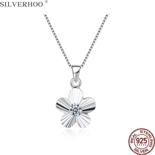 SILVERHOO 925 Sterling Silver Minimalist Flower Pendant Necklaces For Women & Girl Dazzling Cubic Zirconia Necklace Jewelry Gift