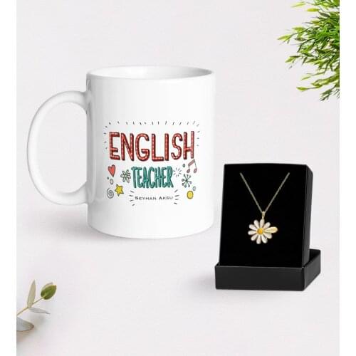 Personalized English Teacher White Mug and Daisy Necklace Gift Seti-5