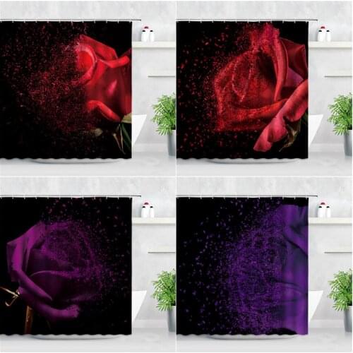 Rose Shower Curtain Sets Red Purple Flowers Disappear Black Background Waterproof Polyester Fabric Bathroom Curtains Wall Decor