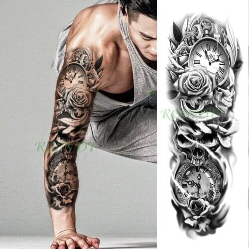 Waterproof temporary tattoo sticker roma clock pocket watch skull rose flower full arm fake tatoo flash tatto for men women