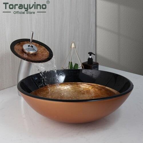Torayvino Luxury Bathroom Washbasin Tempered Glass Sink Hand Painted Waterfall Faucet Sets Countertop Sinks With Pop-up Drain
