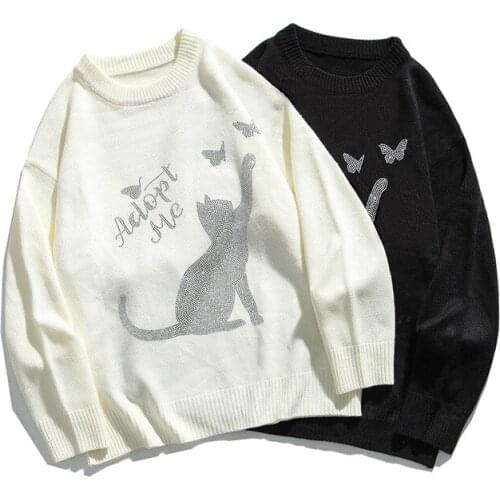 Kitten Street Trend Fashion Cartoon Hot Drill Couple Knit Shirt Collar Autumn Long-sleeved Casual Mens and Womens Sweaters