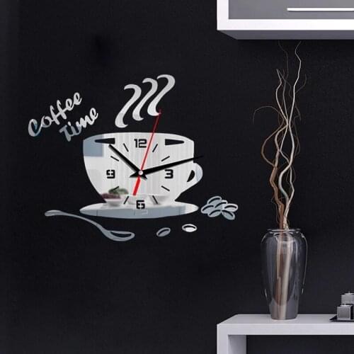 3D DIY Mirror Acrylic Wall Clock Modern Kitchen Home Decor Coffee Cup Shape Time Clock Digital Wall Stickers For Living Room