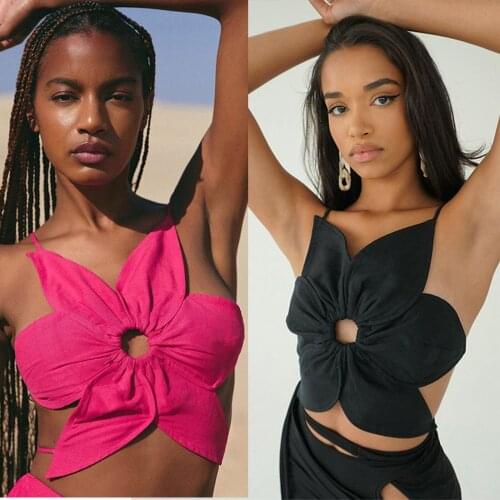 Cut-out Lace-up Halter Blouse Shirt Women Solid Color Flower Summer Halter Top Ethnic Style Sleeveless Blouse Elegant Blusas