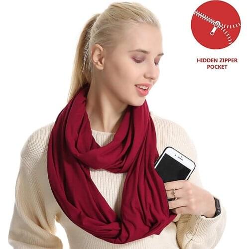 Woman Plain Color Travel Scarf New Premium Pocket Infinity Scarf Fashion Cotton Scarves Wrap with Zipper Carabiner AA10129