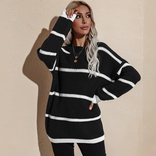 European/American Style Striped Sweater Womens Fall/winter 2021 New Round Neck Retro Loose All-match Pullover Knitted Top