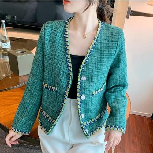 2021 Autumn fashion Women High Quality Single-breasted Tweed Woolen Coat V Neck Long Sleeve Tweed jacket