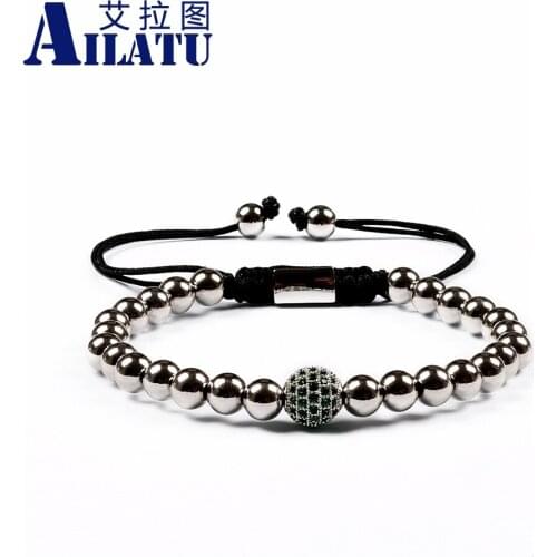 Ailatu New Arrival 6mm Advanced Plated Round Beads with Micro Inlay Green 8mm Cz Ball Braiding Macrame Bracelet