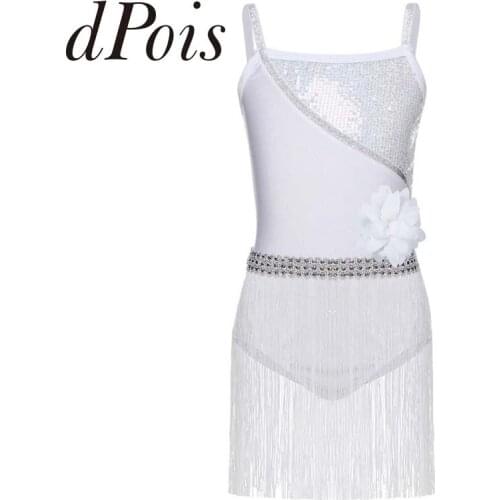 Kids Girls Shiny Elastic Shoulder Straps Sequined Latin Rumba Salsa Tango Dance Leotards Dress with Tassels Ballroom Dance Dress