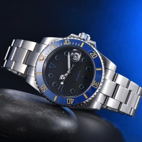Sterile Black Blue Nail Surface Mens Automatic Mechanical Watch Watch Stainless Steel Case 30m Waterproof
