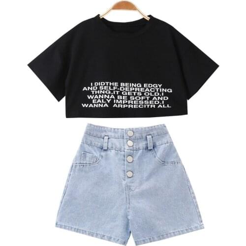 Childrens Wear Girl Summer Short-sleeved T Shirt +short Jeans Casual Open-back Denim Set Girl Set 4 5 6 7 8 9 10 11 12 Ages