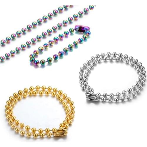 HUIET Beads Link Chains Gold Necklace Stainless Steel Ball Bracelet Women Men Trendy Jewelry Charm Choker Necklaces Punk Gifts