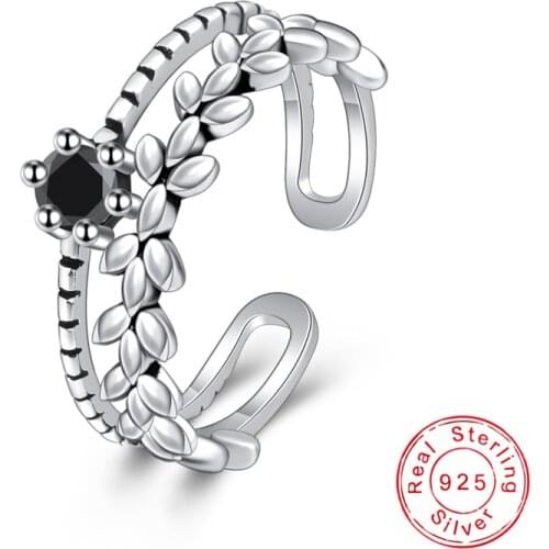 Hot Sale Fashion Leaves Double Layer CZ Rings Antique 925 Sterling Silver Clover Black Zircon Resizable Ring Women Jewelry Gift